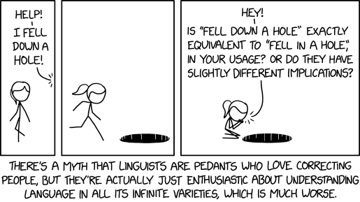 Do you feel like the answer depends on whether you're currently in the hole, versus when you refer to the events later after you get out? Assuming you get out. xkcd 2390: Linguists